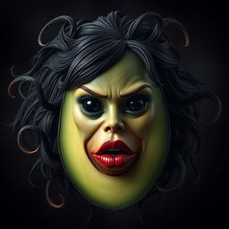A sinister and highly realistic feminine avocado with a glossy black skin and rich brown pulp visible inside