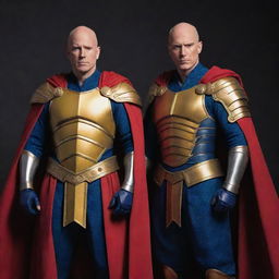 Two bald heroes, one wearing vibrant yellow armor and the other in deep blue armor with a billowing red robe. They stand confidently, ready to face any adversity, their heads gleaming under the light.