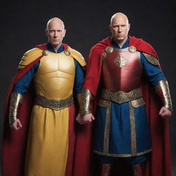 Two bald heroes, one wearing vibrant yellow armor and the other in deep blue armor with a billowing red robe. They stand confidently, ready to face any adversity, their heads gleaming under the light.