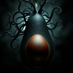 A darkly enchanting and realistic feminine avocado featuring a sleek black skin and rich brown interior