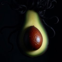 A darkly enchanting and realistic feminine avocado featuring a sleek black skin and rich brown interior