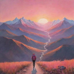 A serene landscape with a backpacker travelling, mountains in the backdrop, setting sun painting the sky in hues of pink and orange