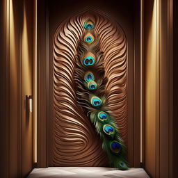 A modern-style house main door, beautifully designed with a peacock feather motif. The design should appear organically created, not AI-generated, in a high-resolution 8K image