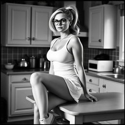 An analogue black and white photo featuring a curvy blonde woman with her hair styled in a ponytail