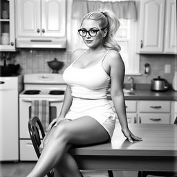 An analogue black and white photo featuring a curvy blonde woman with her hair styled in a ponytail