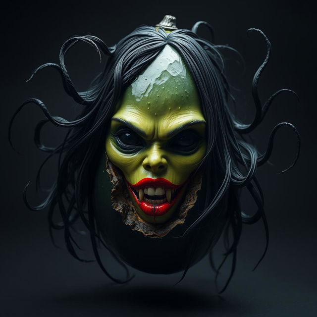 A hauntingly realistic feminine avocado with a glossy black skin, its interior appearing rotten and decayed, adding an unsettling aspect to its character