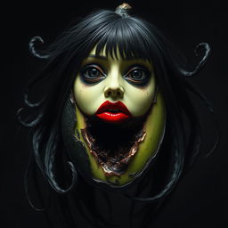 A hauntingly realistic feminine avocado with a glossy black skin, its interior appearing rotten and decayed, adding an unsettling aspect to its character