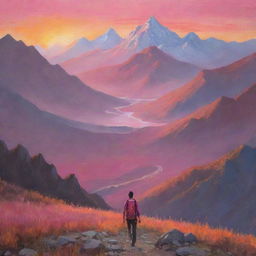 A serene landscape with a backpacker travelling, mountains in the backdrop, setting sun painting the sky in hues of pink and orange