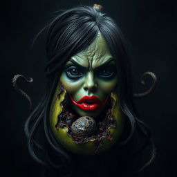 A hauntingly realistic feminine avocado with a glossy black skin, its interior appearing rotten and decayed, adding an unsettling aspect to its character