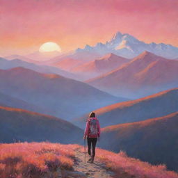 A serene landscape with a backpacker travelling, mountains in the backdrop, setting sun painting the sky in hues of pink and orange