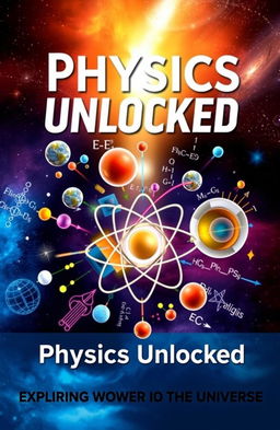 A visually captivating book cover design for a physics lesson, featuring a dynamic composition that includes elements like atomic models, fundamental equations, and imagery representing various branches of physics (mechanics, electromagnetism, thermodynamics, etc