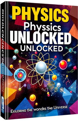 A visually captivating book cover design for a physics lesson, featuring a dynamic composition that includes elements like atomic models, fundamental equations, and imagery representing various branches of physics (mechanics, electromagnetism, thermodynamics, etc
