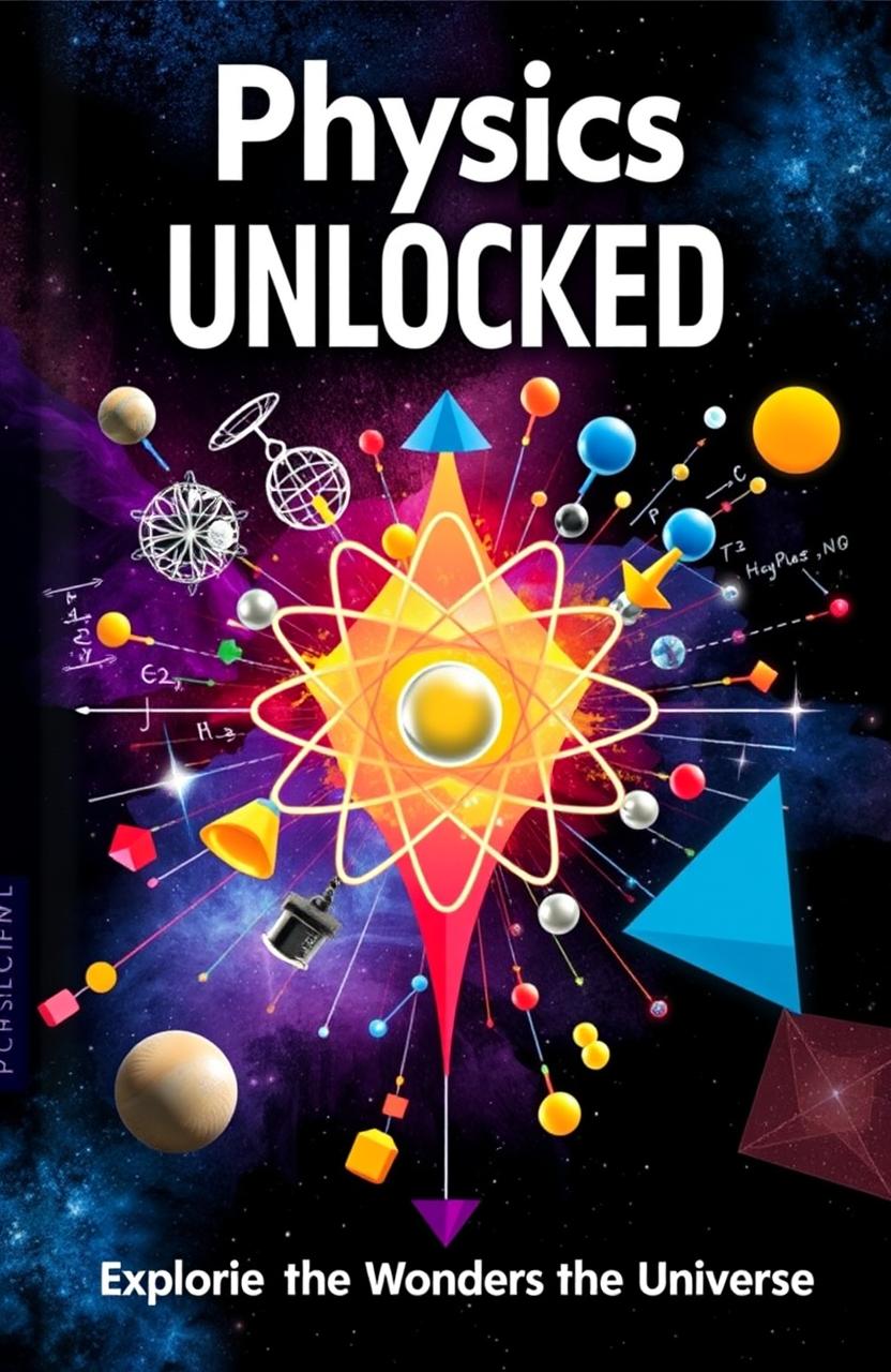 A visually captivating book cover design for a physics lesson, featuring a dynamic composition that includes elements like atomic models, fundamental equations, and imagery representing various branches of physics (mechanics, electromagnetism, thermodynamics, etc