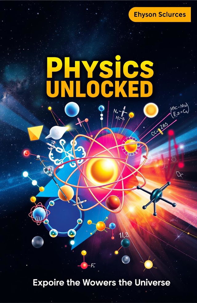 A visually captivating book cover design for a physics lesson, featuring a dynamic composition that includes elements like atomic models, fundamental equations, and imagery representing various branches of physics (mechanics, electromagnetism, thermodynamics, etc