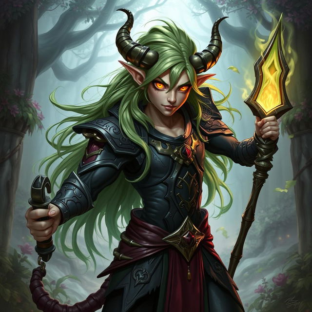 A fantastical tiefling character in a dynamic pose, showcasing striking green hair that flows elegantly