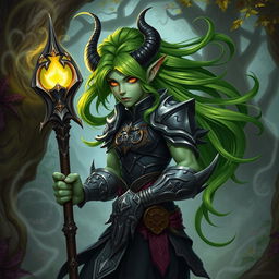 A fantastical tiefling character in a dynamic pose, showcasing striking green hair that flows elegantly