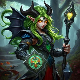 A fantastical tiefling character in a dynamic pose, showcasing striking green hair that flows elegantly