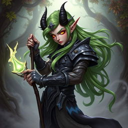 A fantastical tiefling character in a dynamic pose, showcasing striking green hair that flows elegantly