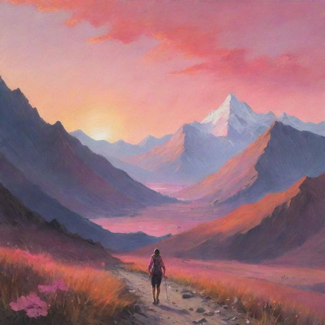 A serene landscape with a backpacker travelling, mountains in the backdrop, setting sun painting the sky in hues of pink and orange