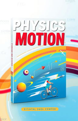 An engaging book cover design for a physics motion lesson, featuring dynamic illustrations of various motion concepts like linear motion, projectile motion, and rotational motion