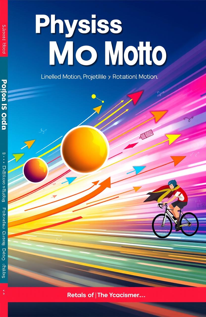 An engaging book cover design for a physics motion lesson, featuring dynamic illustrations of various motion concepts like linear motion, projectile motion, and rotational motion