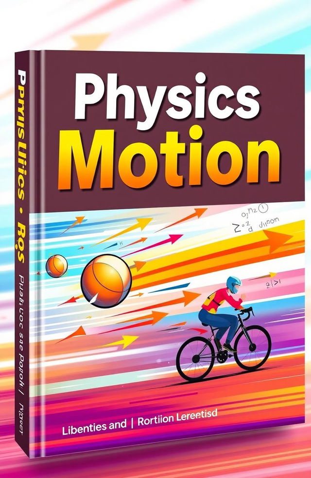 An engaging book cover design for a physics motion lesson, featuring dynamic illustrations of various motion concepts like linear motion, projectile motion, and rotational motion