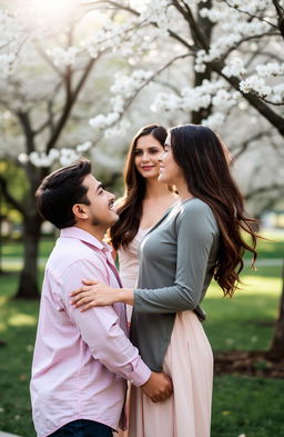 A romantic scene featuring a couple standing together, sharing a moment of intimacy