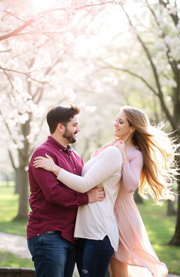 A romantic scene featuring a couple standing together, sharing a moment of intimacy