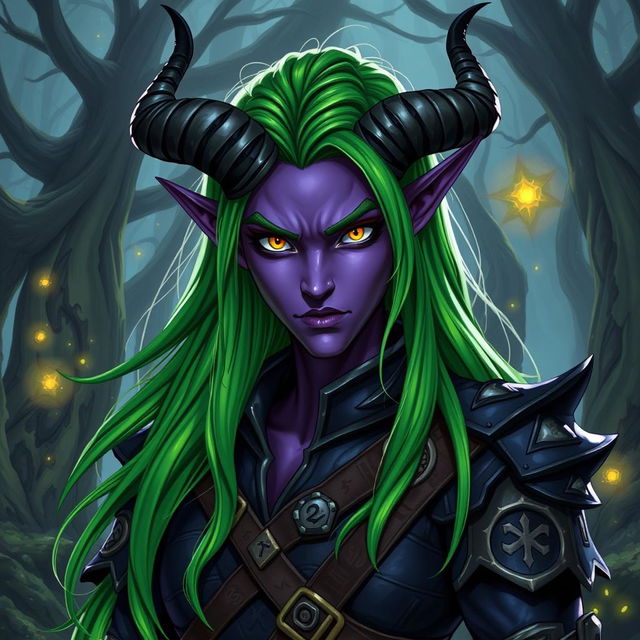 A striking tiefling character from Dungeons & Dragons with vibrant green hair, showcasing long, flowing locks that stand out against their dark purple skin