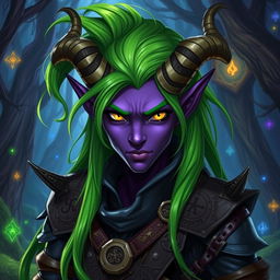 A striking tiefling character from Dungeons & Dragons with vibrant green hair, showcasing long, flowing locks that stand out against their dark purple skin