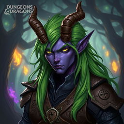 A striking tiefling character from Dungeons & Dragons with vibrant green hair, showcasing long, flowing locks that stand out against their dark purple skin