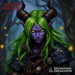 A striking tiefling character from Dungeons & Dragons with vibrant green hair, showcasing long, flowing locks that stand out against their dark purple skin