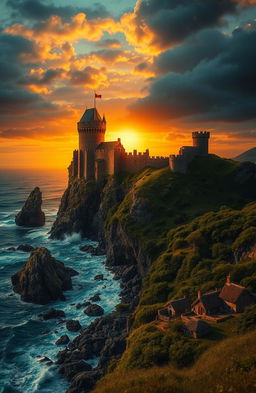 A visually stunning background for a historical book cover, featuring an ancient castle perched on a rocky cliff overlooking a tempestuous sea