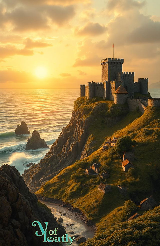 A visually stunning background for a historical book cover, featuring an ancient castle perched on a rocky cliff overlooking a tempestuous sea