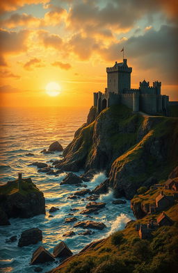 A visually stunning background for a historical book cover, featuring an ancient castle perched on a rocky cliff overlooking a tempestuous sea