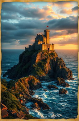 A visually stunning background for a historical book cover, featuring an ancient castle perched on a rocky cliff overlooking a tempestuous sea