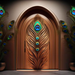 A modern-style house main door, beautifully designed with a peacock feather motif. The design should appear organically created, not AI-generated, in a high-resolution 8K image