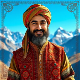 A portrait of a Mahmod Afghan, showcasing traditional Afghan attire, which includes a richly embroidered vest and a matching turban