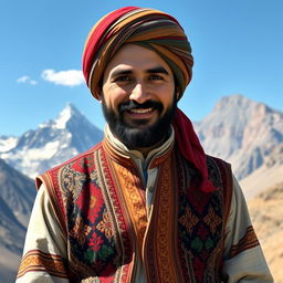 A portrait of a Mahmod Afghan, showcasing traditional Afghan attire, which includes a richly embroidered vest and a matching turban