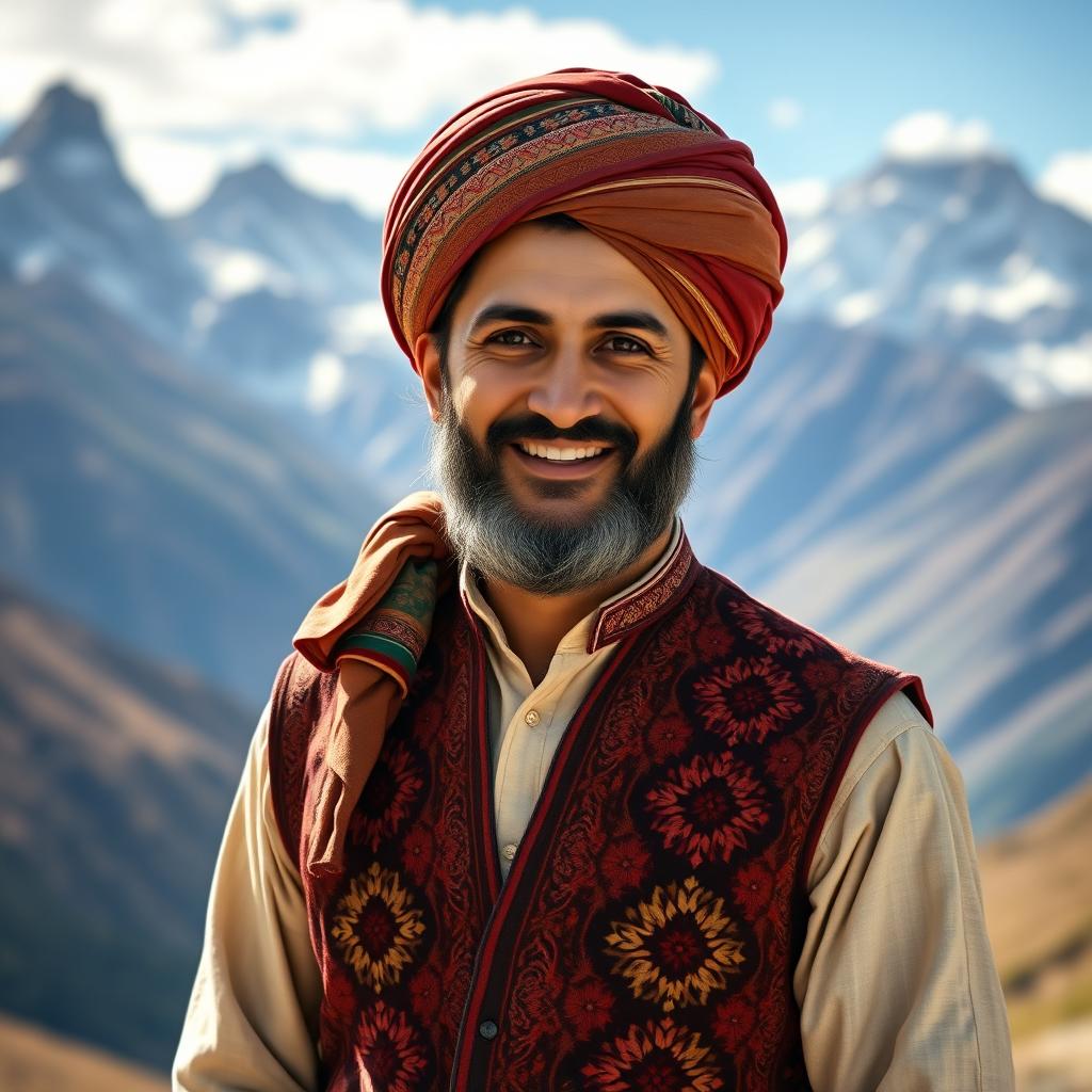 A portrait of a Mahmod Afghan, showcasing traditional Afghan attire, which includes a richly embroidered vest and a matching turban