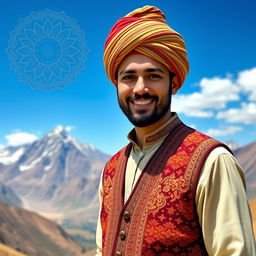 A portrait of a Mahmod Afghan, showcasing traditional Afghan attire, which includes a richly embroidered vest and a matching turban