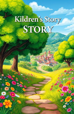 An enchanting cover for a children's story, featuring a vibrant animated scene filled with lush green trees, colorful grass, and a variety of bright flowers