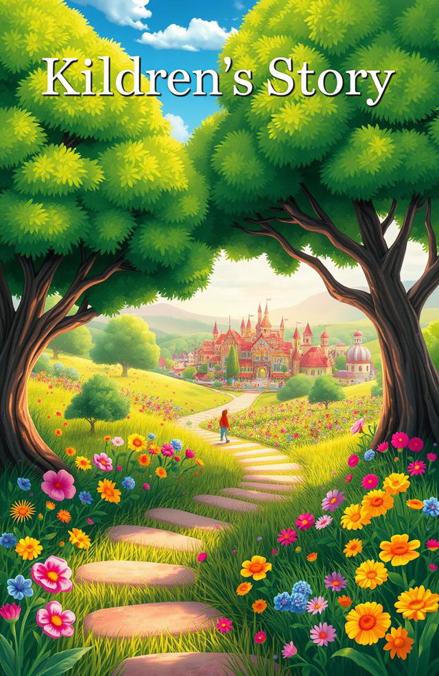 An enchanting cover for a children's story, featuring a vibrant animated scene filled with lush green trees, colorful grass, and a variety of bright flowers