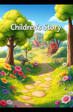 An enchanting cover for a children's story, featuring a vibrant animated scene filled with lush green trees, colorful grass, and a variety of bright flowers