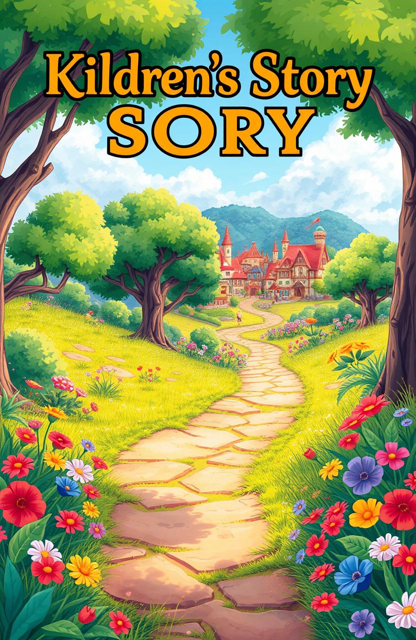 An enchanting cover for a children's story, featuring a vibrant animated scene filled with lush green trees, colorful grass, and a variety of bright flowers