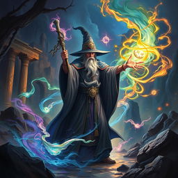 A wizard casting a spell, surrounded by swirling magical energies