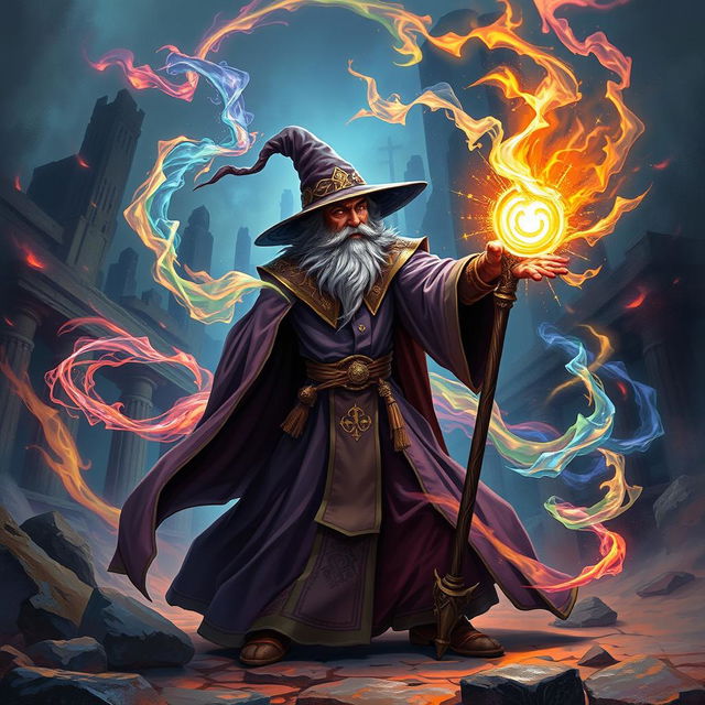 A wizard casting a spell, surrounded by swirling magical energies