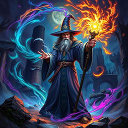 A wizard casting a spell, surrounded by swirling magical energies