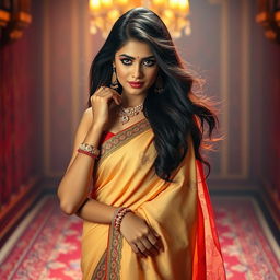 A captivating Indian woman in a stylish, traditional saree, gracefully posed in an exotic setting with intricate patterns and vibrant colors surrounding her