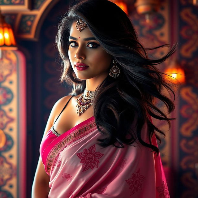 A captivating Indian woman in a stylish, traditional saree, gracefully posed in an exotic setting with intricate patterns and vibrant colors surrounding her